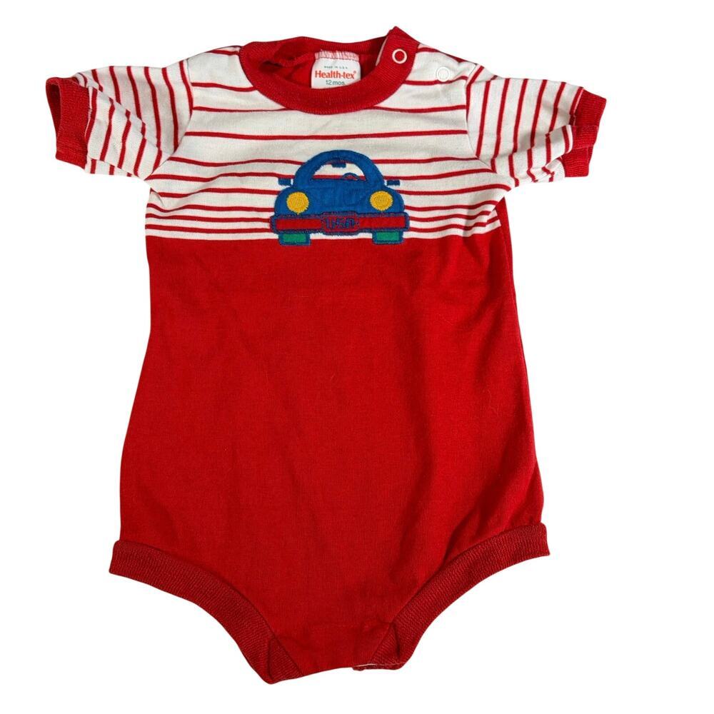 VTG Health-tex Baby red white stripe romper overalls. Size 12 mo. Car embroider